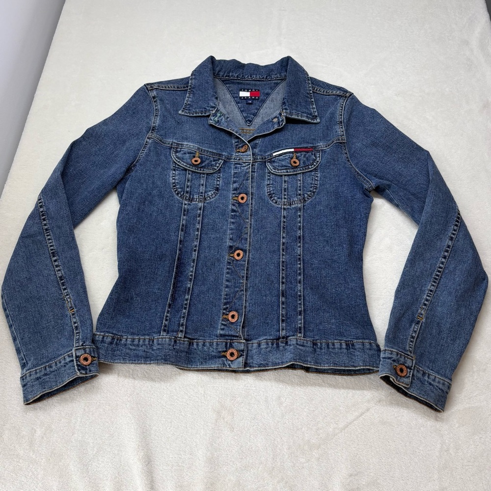 Tommy Jeans Denim Jacket Womens Size L Medium Wash Stretch Classic Blue Jean - Picture 3 of 10